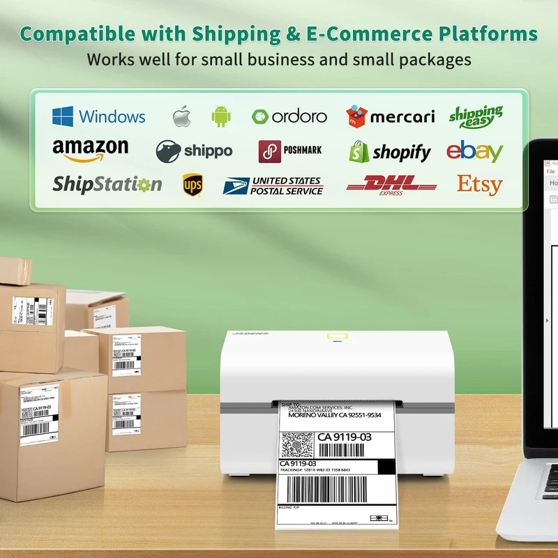 JADENS 328BT Bluetooth Shipping Label Printer White for 3x5 inch labels & smaller size