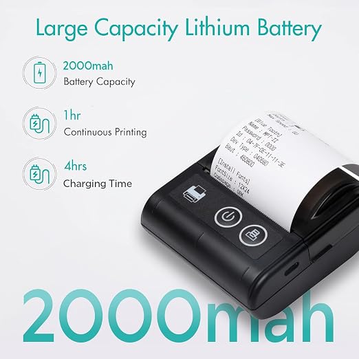 Veer 58mm (2 Inch) Portable Receipt Printer | ESC/POS KOT Billing | Bluetooth+USB | 2000mAh Rechargeable | Android/iOS/Windows | Retail/Restaurant | 50+ Apps | Swiggy/Zomato | 1 Year Warranty thumbnail Image 2