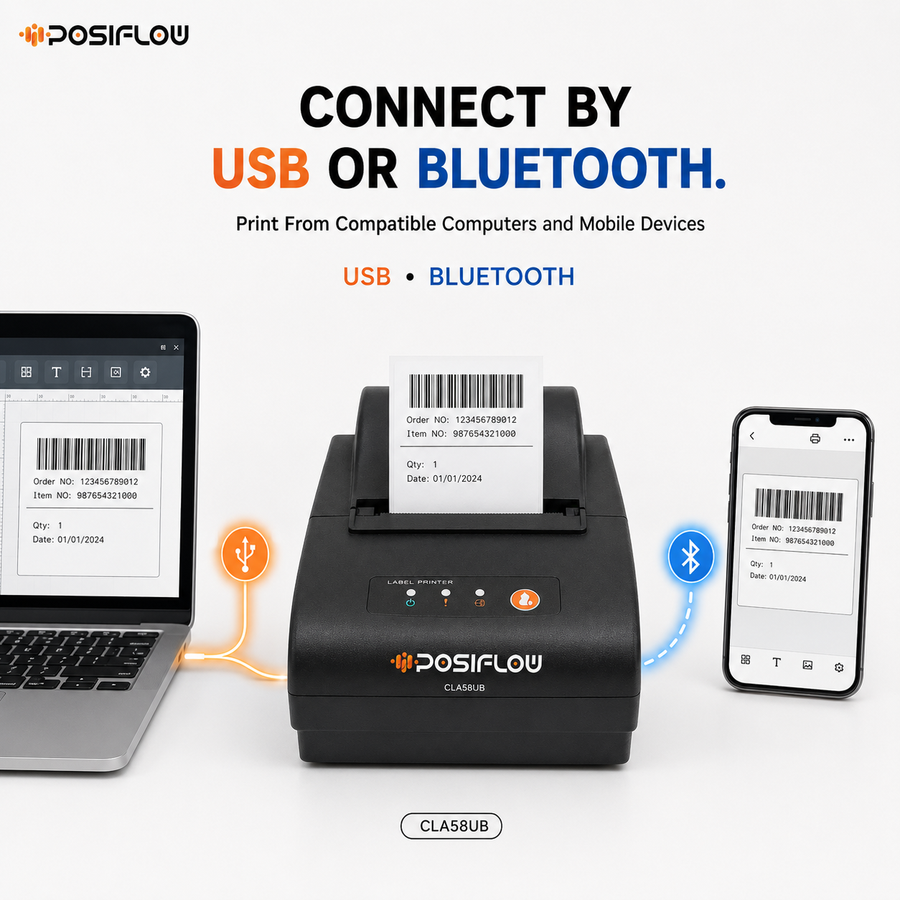 POSIFLOW 58Mm (2Inch) Thermal Label + Receipt Printer Desktop Printer with Bluetooth (500 Labels Free) thumbnail Image 3