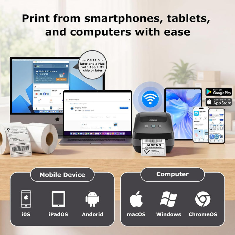 JADENS 410WF Dual-Band Wi-Fi 4x6 Shipping Label Printer Black thumbnail Image 3