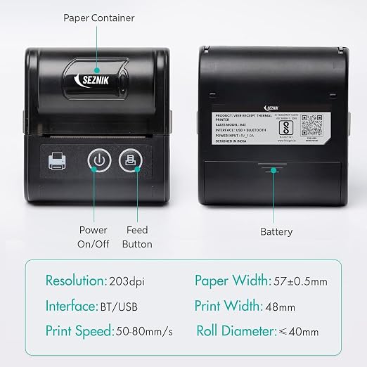 Veer 58mm (2 Inch) Portable Receipt Printer | ESC/POS KOT Billing | Bluetooth+USB | 2000mAh Rechargeable | Android/iOS/Windows | Retail/Restaurant | 50+ Apps | Swiggy/Zomato | 1 Year Warranty thumbnail Image 4