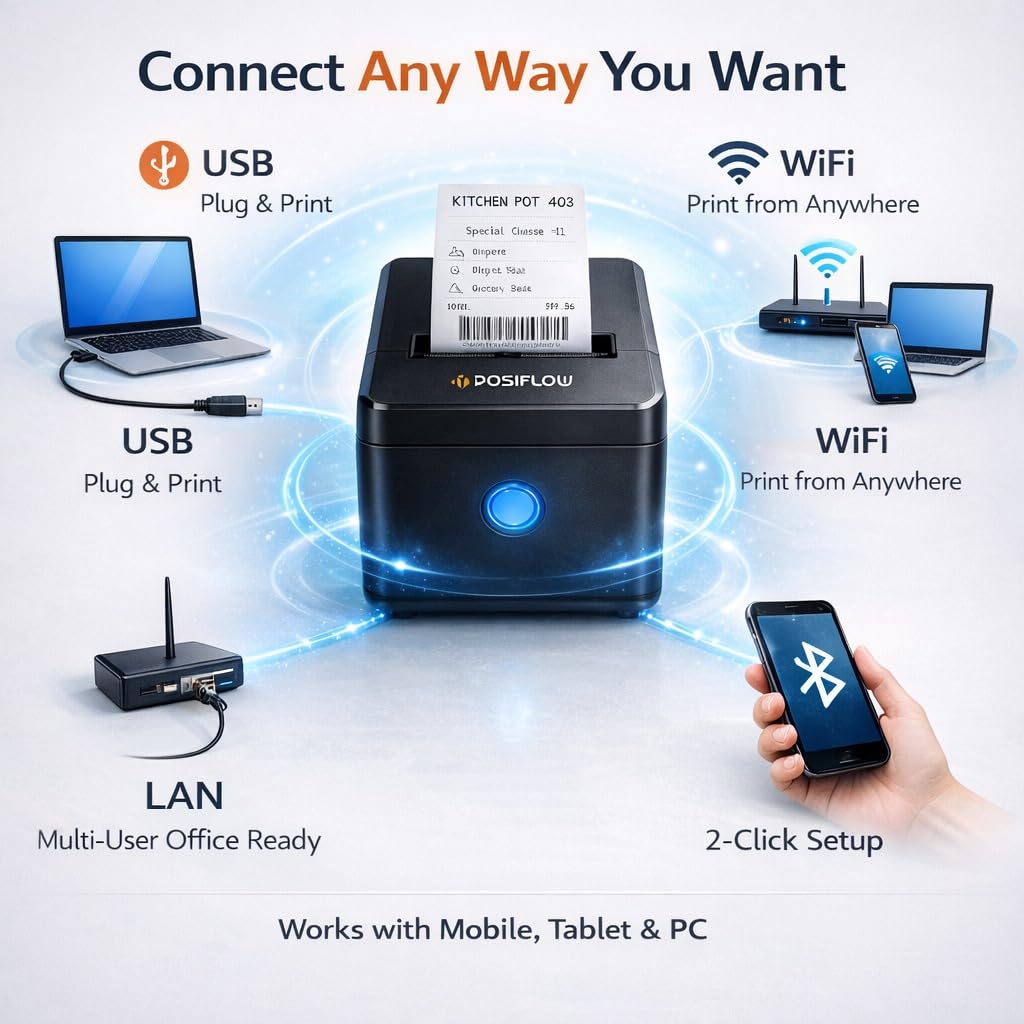 POSIFLOW KP307 (80mm Auto Cutter) POS Printer with USB, Bluetooth, WiFI & Lan Interface for Easy Connectivity thumbnail Image 3