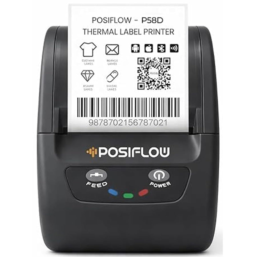 POSIFLOW 58D Portable Bluetooth & USB Thermal Label and Receipt Printer (2-Inch / 58mm) | Inkless Billing & Barcode Printer for Retail & Mobile Use | Includes 1000 Labels