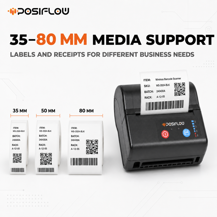 POSIFLOW (PSF80H) 80mm - 3 Inch Portable Bluetooth Barcode Label + Receipt Printer with 250 Labels thumbnail Image 4