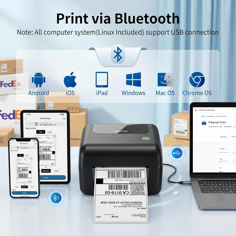 JADENS 168BT Wireless Bluetooth Thermal Shipping Label Printer Black thumbnail Image 3